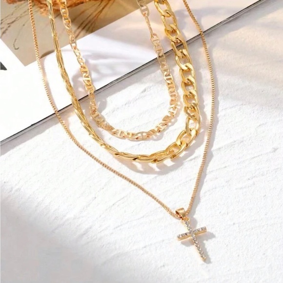 Gold 1pc Multi Layered Cross Pendant Necklace - Picture 3 of 3